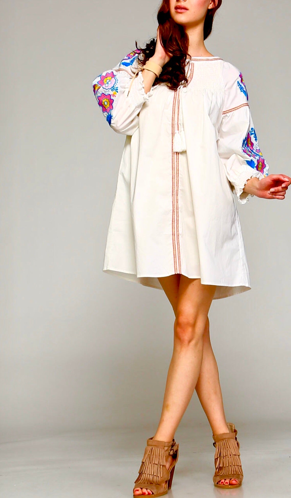 White Smocked Collar Long Sleeve Tunic Dress OR Top with Vibrant Pink &  Blue Embroidery & Keyhole Tassel Tie