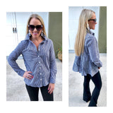 Black White Gingham Button Down Top with Ruffle Shirred Back