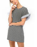 Black Stripe Shift Dress with White Flutter Sleeves
