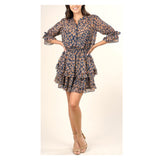 METALLIC Gold Shimmer Navy & Orange Floral Print 3/4 Tie Sleeve Button Tiered Ruffle Down Dress with Smocked Waist