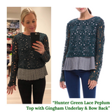 Hunter Green Lace Peplum Top with Gingham Underlay & Bow Back