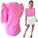 Bubblegum Pink Poplin + Cotton Knit Contrast Ruffled Mimi Top