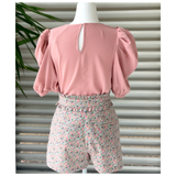 Pink Blue Green Floral Smocked Ruffle Waist Shorts with Red Ric Rac Pocket Trim