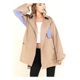 Camel Lightweight Belted Trench Coat with Blue White Pinstripe Shirttail Contrast