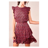 Wine Red & METALLIC GOLD Tiered Ruffle Hem Flare Dress with Banded Waist & Keyhole Back