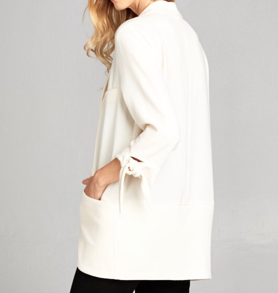 Vanilla 3/4 Sleeve Open Boyfriend Blazer with TIE SLEEVES