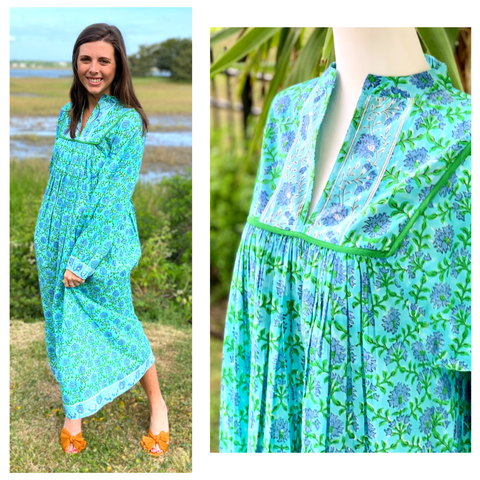Hydrangea Block Print Tiered Caftan Dress