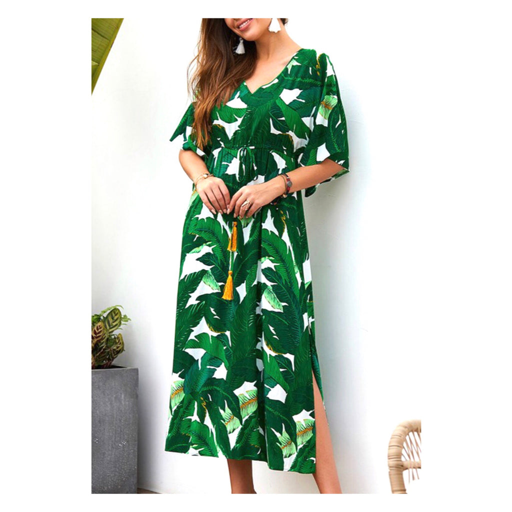 Green & White Palm Leaf Kaftan Maxi Dress with Marigold Tassel Tie Waist - James Ascher Green & White Palm Leaf Kaftan Maxi Dress with Marigold Tassel Tie Waist - James Ascher