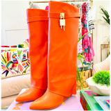 Orange Leather 3” Hidden Wedge Heel Piper Boots with Gold Buckle Detail