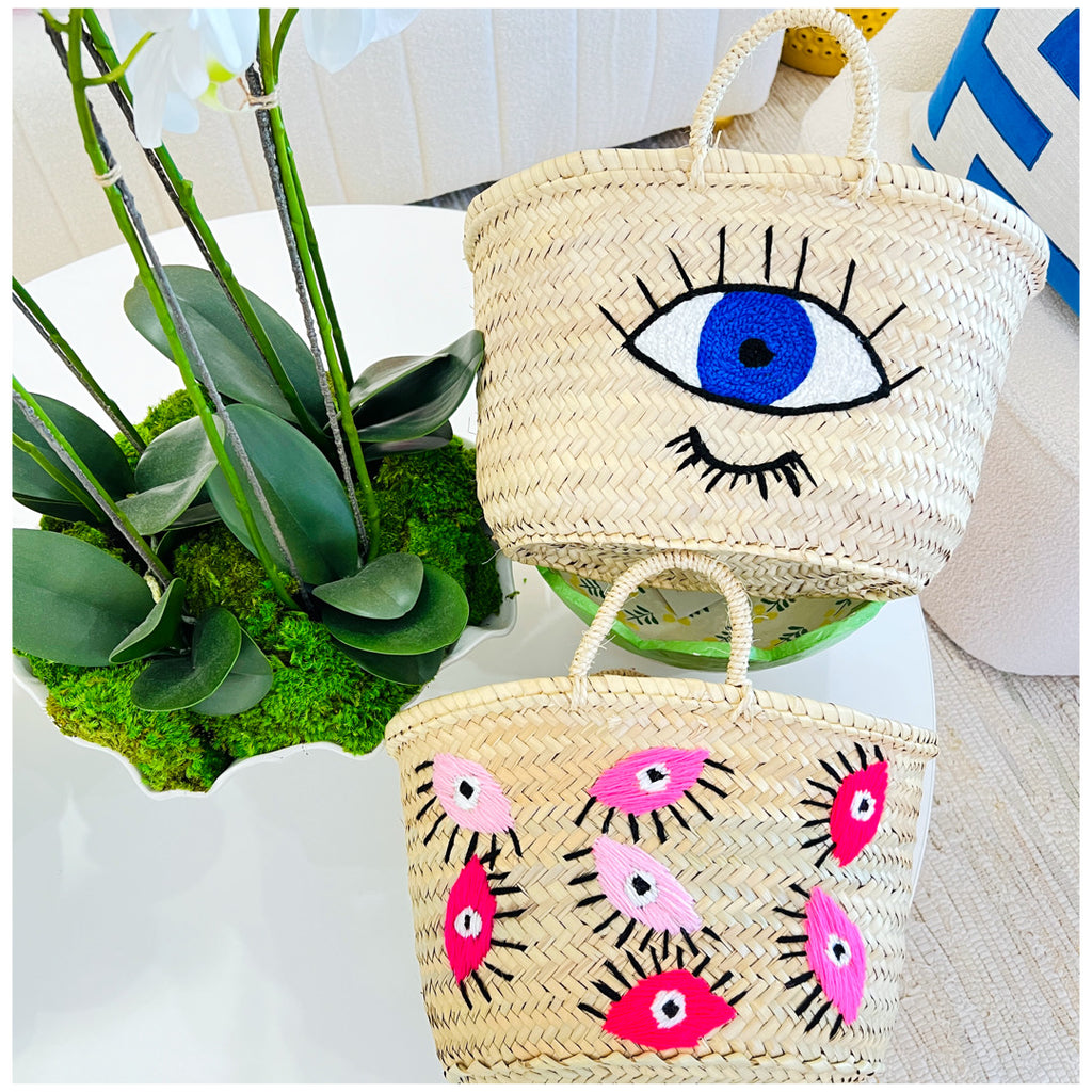Handmade Moroccan Embroidered Eye Design French Market Basket
