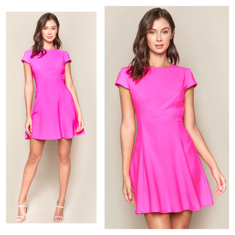 Electric Pink Cap Sleeve A-Line Shift Dress with Directional Stitching
