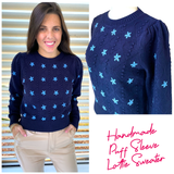 Navy HANDMADE Bubble Textured Puff Sleeve Lottie Sweater with Baby Blue Embroidery
