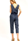 Blue OR Taupe Linen Jumpsuit with V-Back & Tie Waist