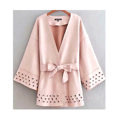 Blush Faux Suede Belted Jacket with Gunmetal Grommet Accents