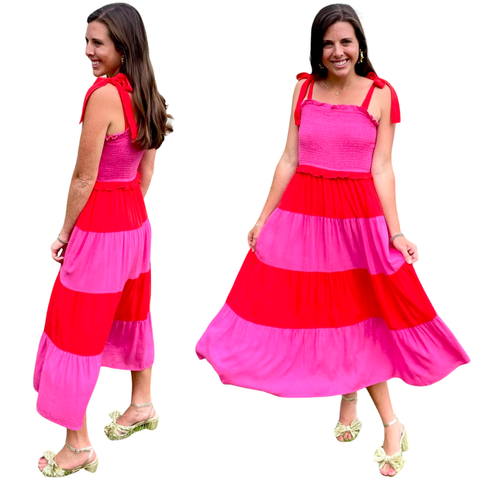 Pink & Red Smocked Bow Shoulder Chesley Dress