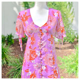 Lavender Blush & Coral Ruffle Hem Button Down Midi Dress with Chiffon Sleeves