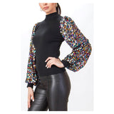 Black Knit Mock Neck Top with Sequin Banded Balloon Sleeves