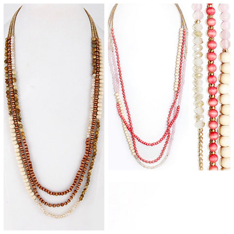 Pink OR Brown Multi Natural Stone, Wooden & Gold Bead & Crystal Lobster Cluster Necklace