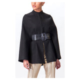 Black Mandarin Collar Cape Jacket with Hook Closure & Optional Leather Belt