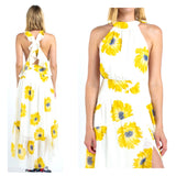 White Sunflower Print Swiss Dot Chiffon Hi-Lo Dress with Crisscross Flutter Back