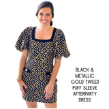 Black & METALLIC Gold Tweed Puff Sleeve Afterparty Dress
