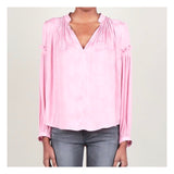 Pink Leaf Print V-Neck Blouse with Pleated Self Tie Sleeves