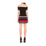 Black Smocked Waist Embroidered Skirt with Tassel Hem