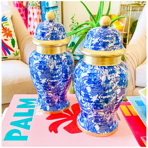 Chinoiserie Garden Party Ginger Jar + Staffies Chang Mai Gold Bamboo Tray