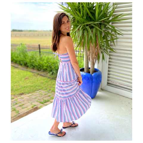 Blue Pink Red Striped Halter Dress