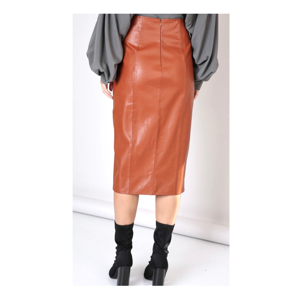 Caramel PU Leather High Waisted Pencil Midi Skirt with Front Slit 