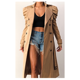 Camel Shirred Puff Sleeve Double Breasted Sophisticated Belted Trench Coat