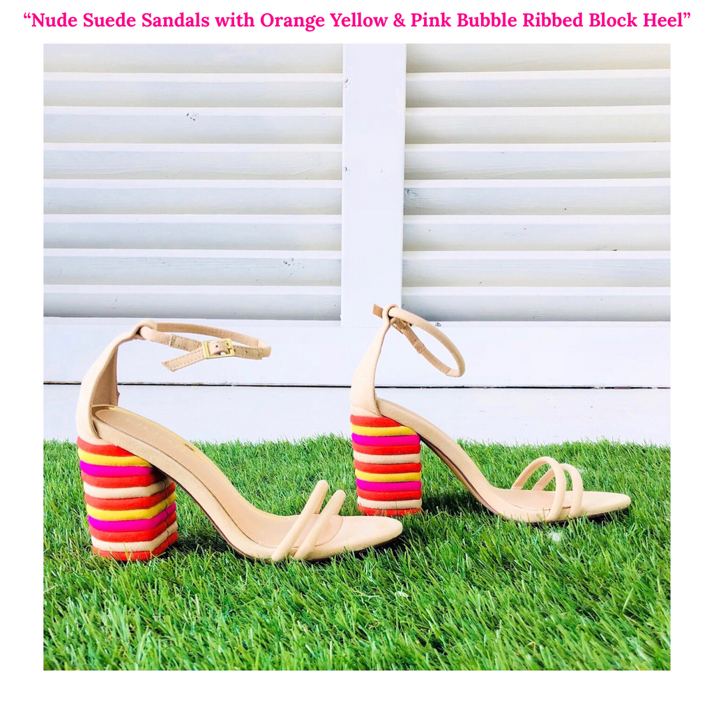 Nude Suede Sandals with Orange Yellow Pink Bubble Ribbed Block