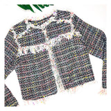 Black & Ivory Confetti Multicolor Tweed Jacket with Metallic Accents & Fringe Hem Detail
