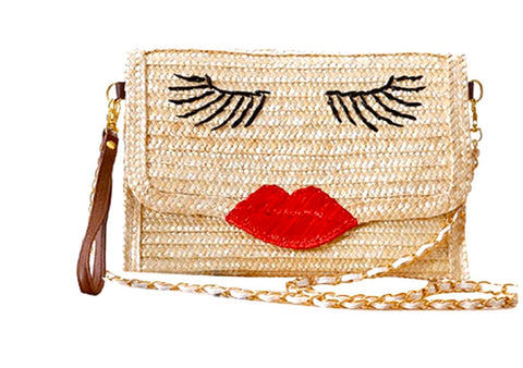 Straw Clutch or Purse with Cherry Embroidery and Gingham Interior