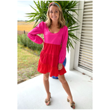 Red & Pink Long SleeveTiered Hem Stalvey Dress