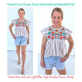 Cloud Grey Stripe Floral Embroidered Babydoll Top