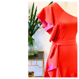 Deep Coral & Pink Contrast One Shoulder Cascading Ruffle Fit & Flare Dress