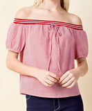 Red Gingham Short Sleeve Off the Shoulder Top with Elastic Ribbon Trim
