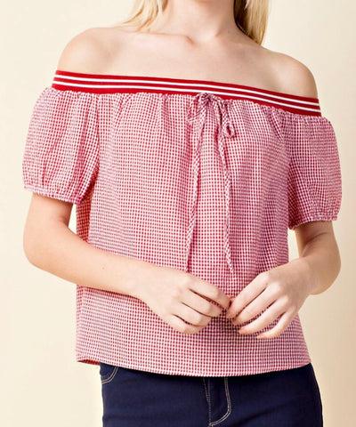 Red Gingham Short Sleeve Off the Shoulder Top with Elastic Ribbon Trim
