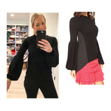 Black Fine Knit Balloon Sleeve High Low Sweater with Contrasting Pleated Blouson Back