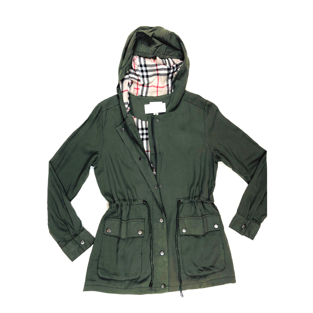 Olive Green Burberry-esque Utility Jacket with Plaid & Toggle Waist Cinch - James Ascher