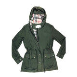 Olive Green Burberry-esque Utility Hooded Jacket with Plaid Lining & Toggle Waist Cinch