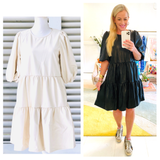 Black or Ivory LEATHER Puff Sleeve Dress with Tiered Ruffle Hem, POCKETS & Keyhole Back