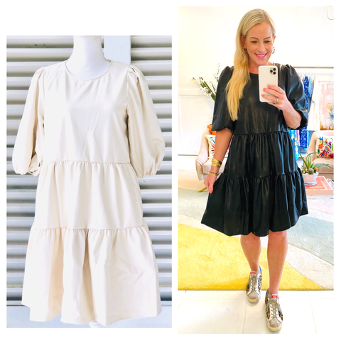 Black or Ivory LEATHER Puff Sleeve Dress with Tiered Ruffle Hem, POCKETS & Keyhole Back