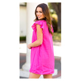 Hot Pink & Tangerine Flutter Sleeve Embroidered Textile Shift Dress with Ruffle Bust & Keyhole Back