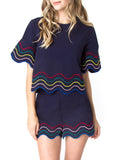 Navy Poplin Embroidered Rainbow Wave Top with Scalloped Hem 🌈 (Matching Shorts Sold Separately)