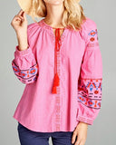 Pink Embroidered Tunic with Red Tassel Tie