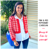 Pink & Red Houndstooth Open Front Knit Peppermint Cardigan