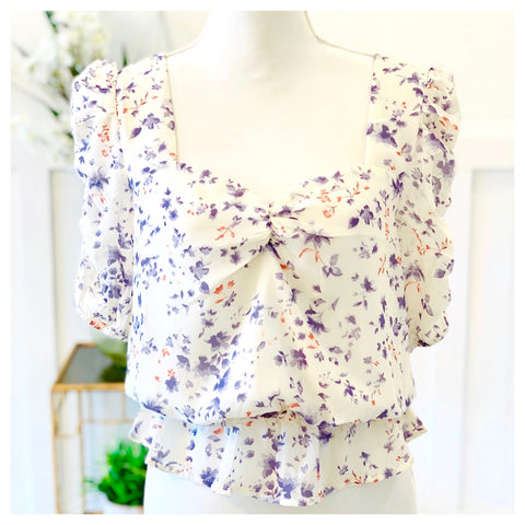 Ivory Lavender & Coral Floral Print Ruched Puff Sleeve Top with Open Back