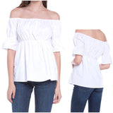 Basic Staple White Off the Shoulder 1/2 Sleeve Top with Cinched Elastic Waist